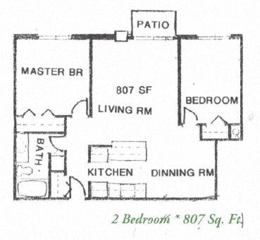 Floor plan for 2 beds, 1 bath, 1007 sqft